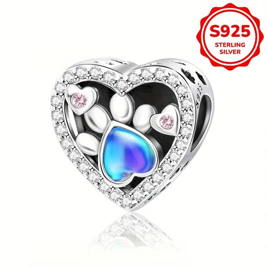 Heart-Shaped Dog Paw-Print Sterling Silver Charm Hallmarked S925 for Charm Bracelet and Necklace