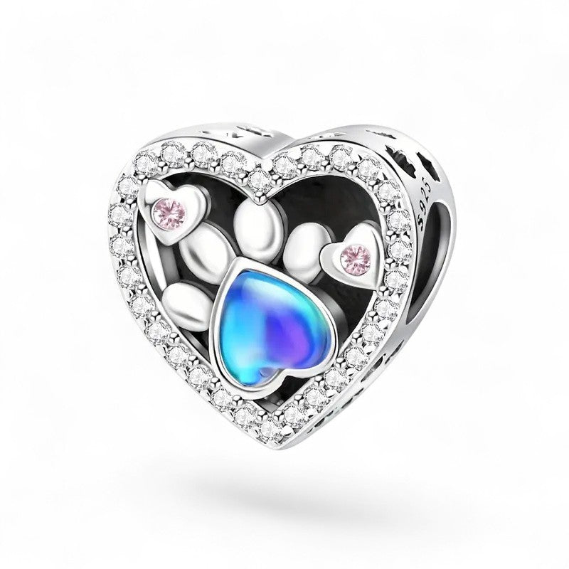Heart-Shaped Dog Paw-Print Sterling Silver Charm Hallmarked S925 for Charm Bracelet and Necklace