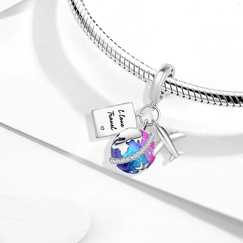 I Love Travel Globe Dangle Sterling Silver Charm Hallmarked S925 for Charm Bracelet and Necklace