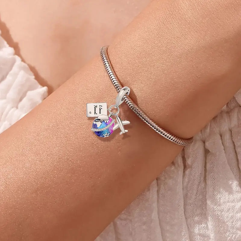 I Love Travel Globe Dangle Sterling Silver Charm Hallmarked S925 for Charm Bracelet and Necklace