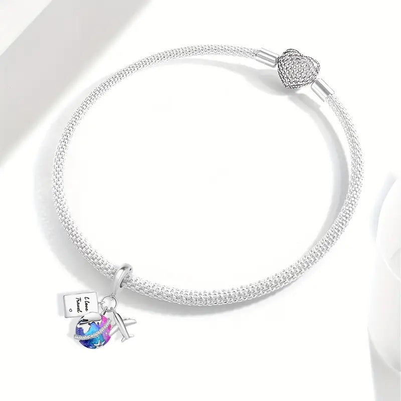 I Love Travel Globe Dangle Sterling Silver Charm Hallmarked S925 for Charm Bracelet and Necklace