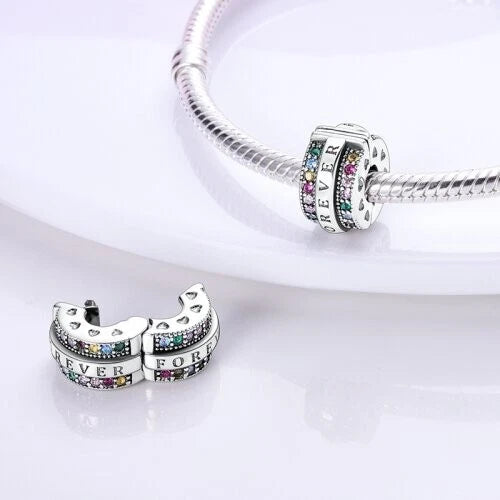Multicolour Forever Clip Sterling Silver Charm Hallmarked S925 for Charm Bracelet and Necklace
