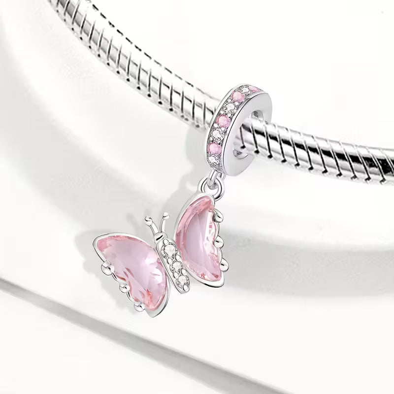 Pink Butterfly Sterling Silver Charm Hallmarked S925 for Charm Bracelet and Necklace