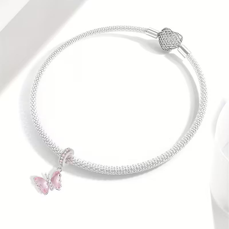 Pink Butterfly Sterling Silver Charm Hallmarked S925 for Charm Bracelet and Necklace
