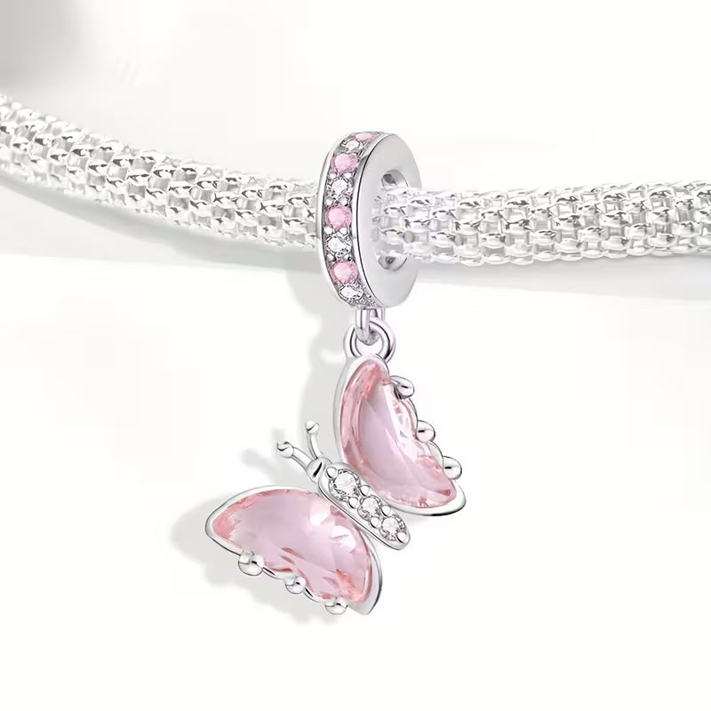 Pink Butterfly Sterling Silver Charm Hallmarked S925 for Charm Bracelet and Necklace