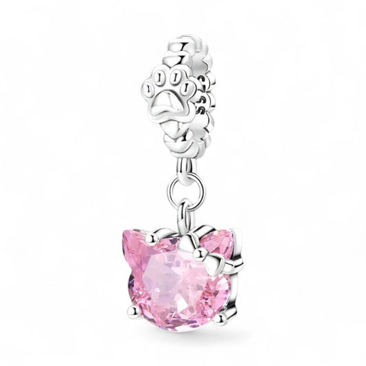 Pink Kitty With Paw Print Dangle Sterling Silver Charm Hallmarked S925 for Charm Bracelet and Necklace