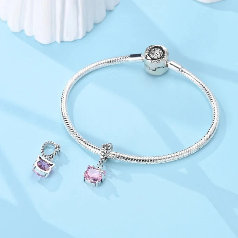 Pink Kitty With Paw Print Dangle Sterling Silver Charm Hallmarked S925 for Charm Bracelet and Necklace