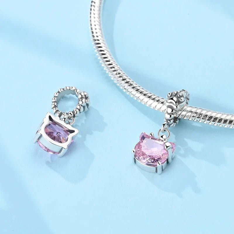 Pink Kitty With Paw Print Dangle Sterling Silver Charm Hallmarked S925 for Charm Bracelet and Necklace