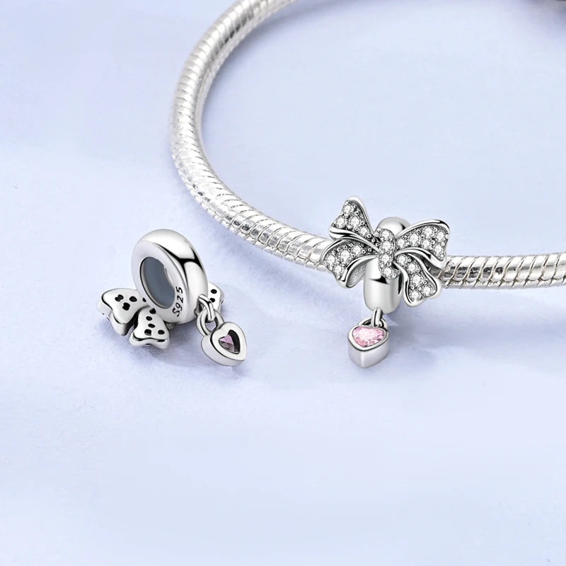 Pink Heart Bow Bead Sterling Silver Charm Hallmarked S925 for Charm Bracelet and Necklace