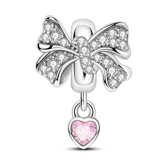 Pink Heart Bow Bead Sterling Silver Charm Hallmarked S925 for Charm Bracelet and Necklace