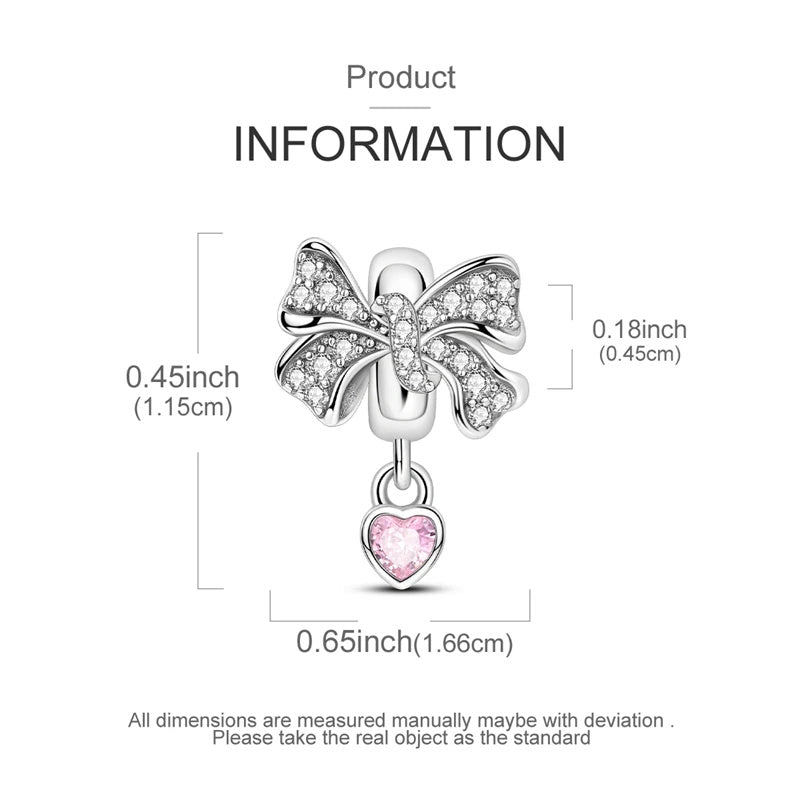 Pink Heart Bow Bead Sterling Silver Charm Hallmarked S925 for Charm Bracelet and Necklace
