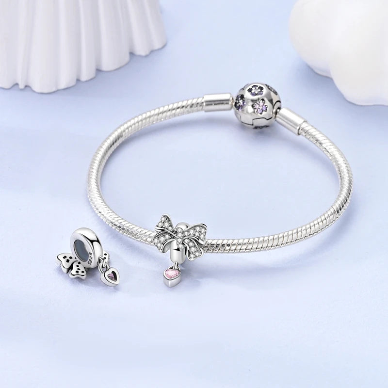 Pink Heart Bow Bead Sterling Silver Charm Hallmarked S925 for Charm Bracelet and Necklace