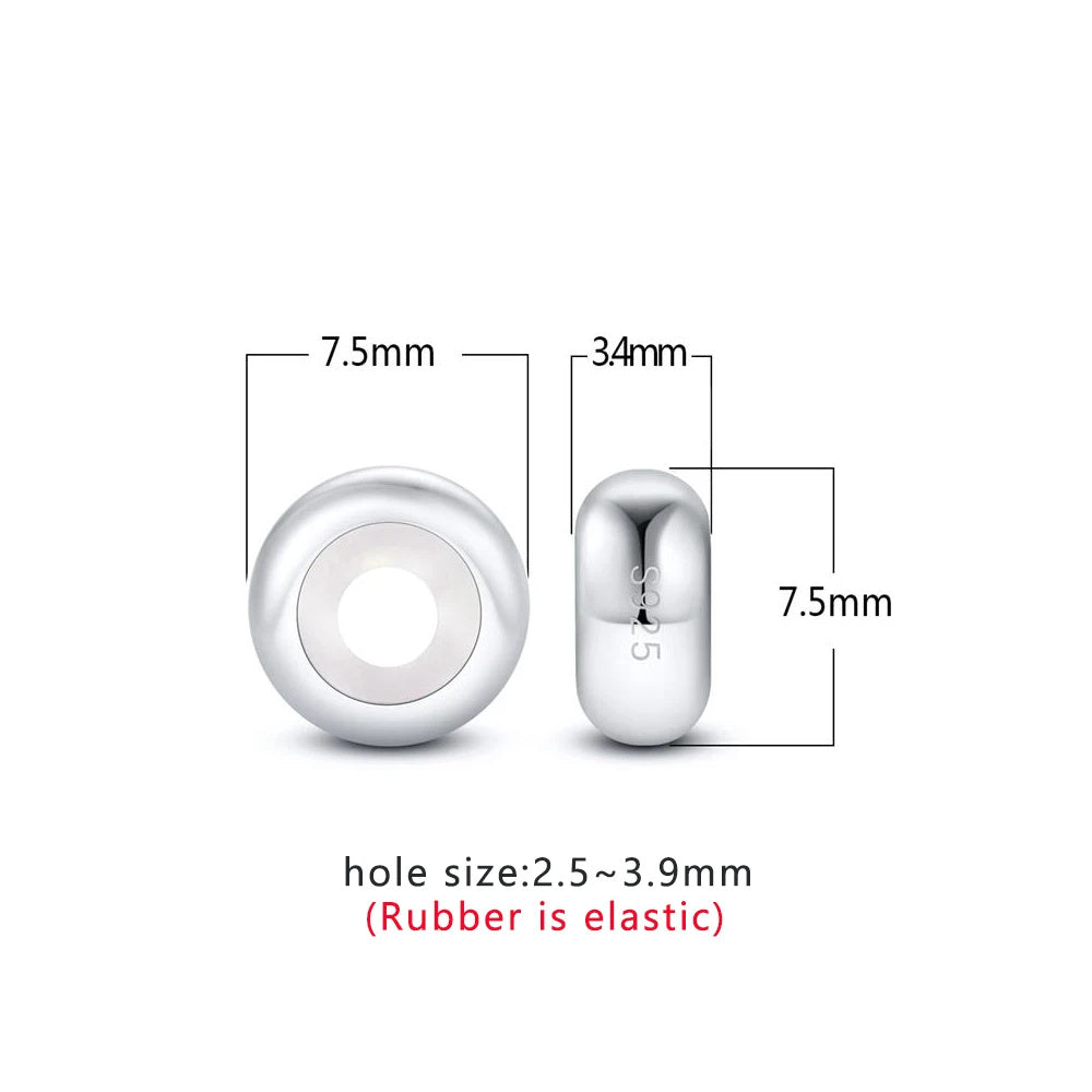 Round Silicone Stopper Beads Sterling Silver Charm Hallmarked S925 for Charm Bracelet and Necklace