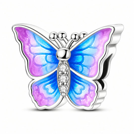 Silver Plated Blue Purple Butterfly Bead Sterling Silver Charm Hallmarked S925 for Charm Bracelet and Necklace