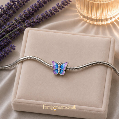 Silver Plated Blue Purple Butterfly Bead Sterling Silver Charm Hallmarked S925 for Charm Bracelet and Necklace
