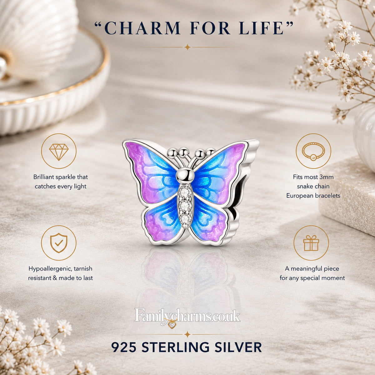 Silver Plated Blue Purple Butterfly Bead Sterling Silver Charm Hallmarked S925 for Charm Bracelet and Necklace