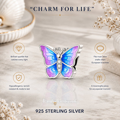 Silver Plated Blue Purple Butterfly Bead Sterling Silver Charm Hallmarked S925 for Charm Bracelet and Necklace
