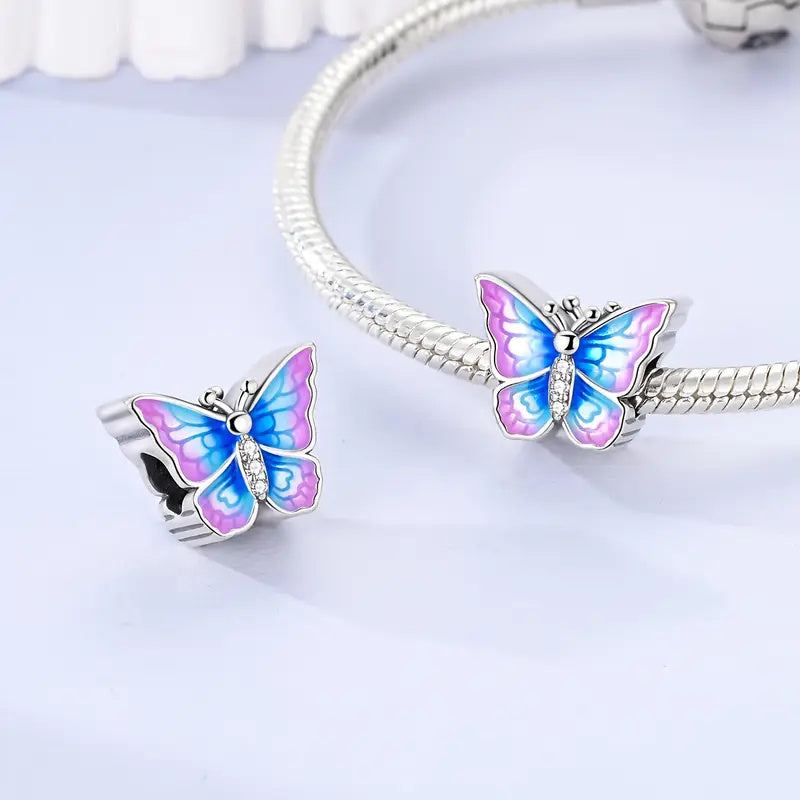 Silver Plated Blue Purple Butterfly Bead Sterling Silver Charm Hallmarked S925 for Charm Bracelet and Necklace