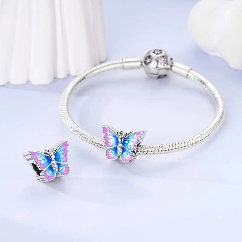 Silver Plated Blue Purple Butterfly Bead Sterling Silver Charm Hallmarked S925 for Charm Bracelet and Necklace