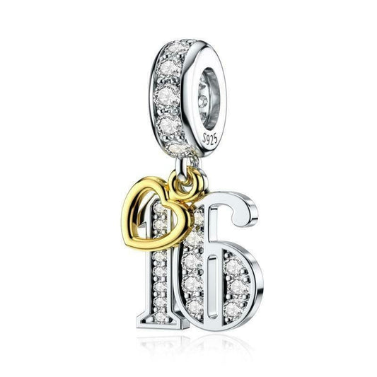 16th Birthday Gold Tag Dangle Charm For Bracelet, S925 Sterling Silver