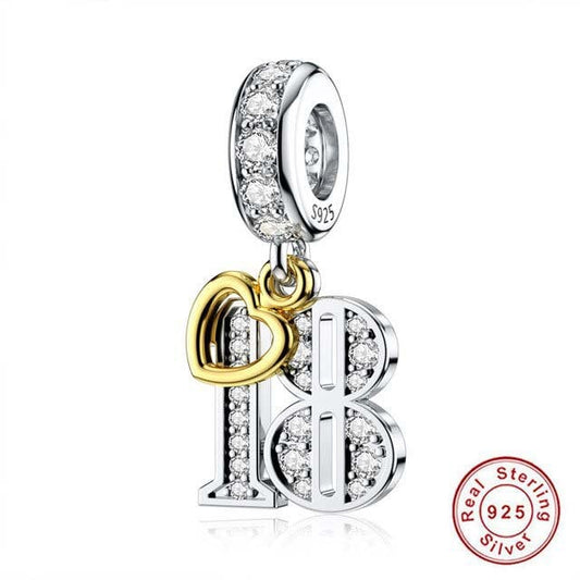 18th Birthday Gold Tag Dangle Charm For Bracelet, S925 Sterling Silver
