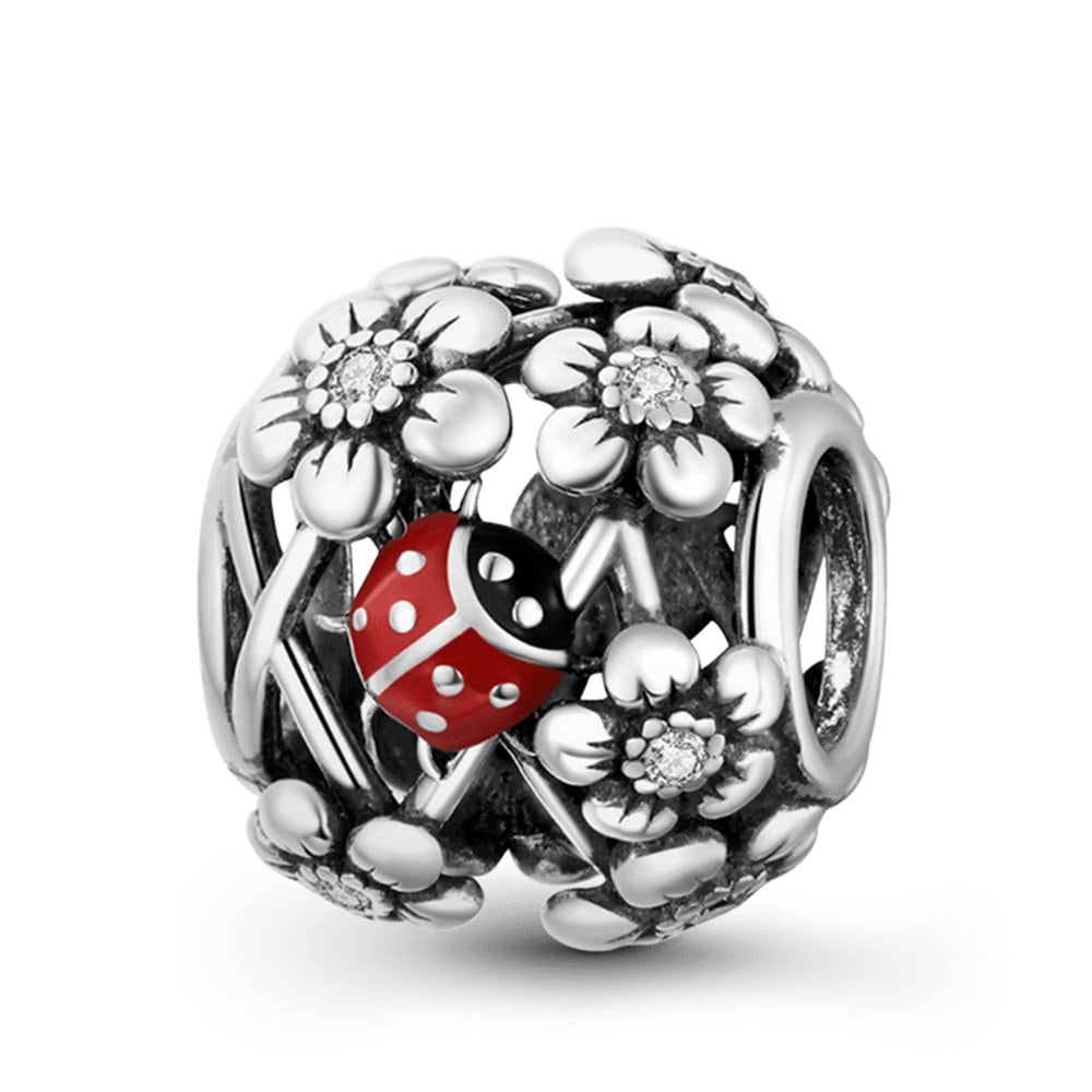 Ladybug and Flower Charm For Bracelet, S925 Sterling Silver