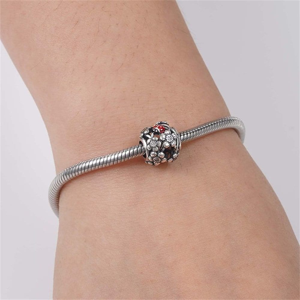 Ladybug and Flower Charm For Bracelet, S925 Sterling Silver