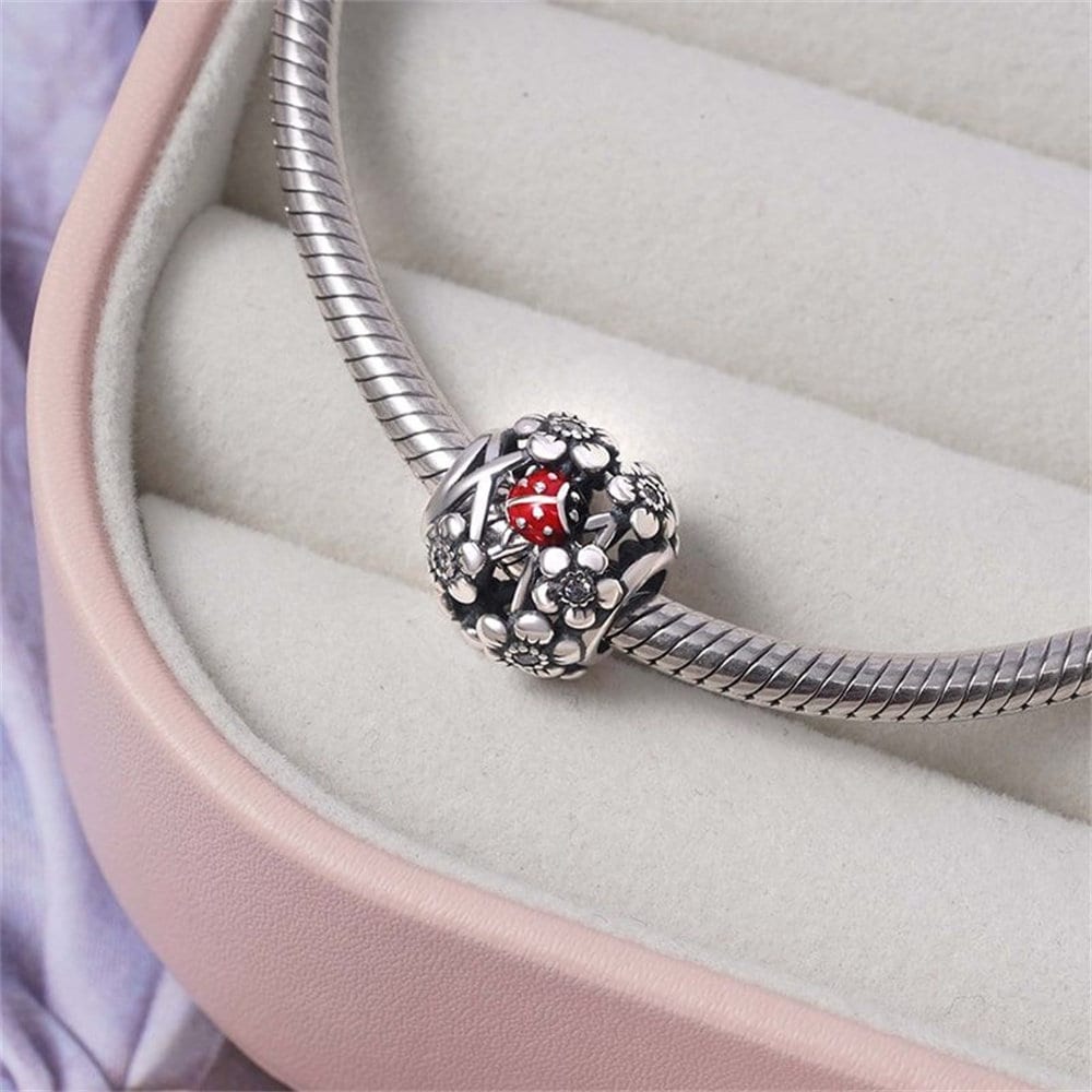 Ladybug and Flower Charm For Bracelet, S925 Sterling Silver