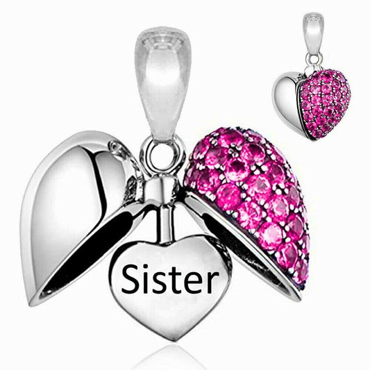 Fuschia Pink Crystals Sister Openable Locket Heart Pendant Charm For Bracelet, S925 Sterling Silver