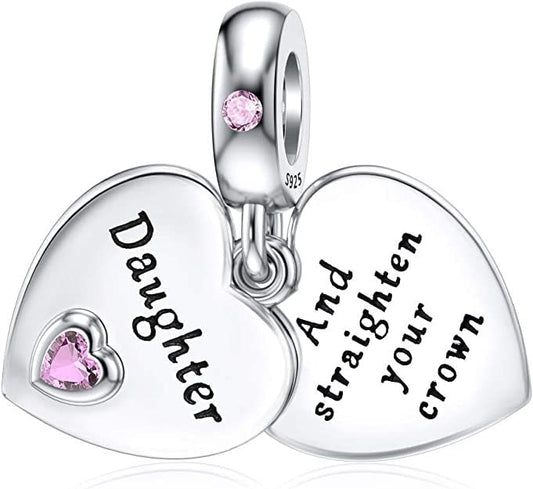 Daughter Heart Dangle Charm for Bracelet , S925 Sterling Silver
