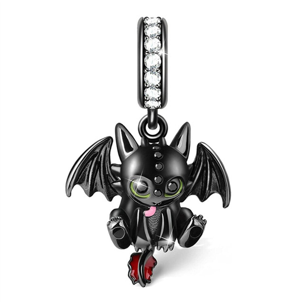 Black Dragon Charm For Bracelet, S925 Sterling Silver