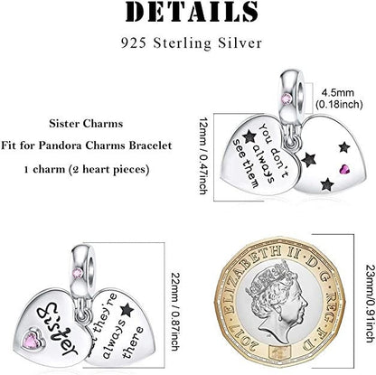 Sister Heart Dangle Sterling Silver Charm Hallmarked S925 for Charm Bracelet and Necklace