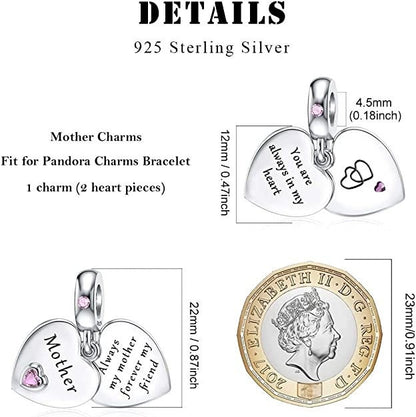 Mother Heart Dangle Sterling Silver Charm Hallmarked S925 for Charm Bracelet and Necklace