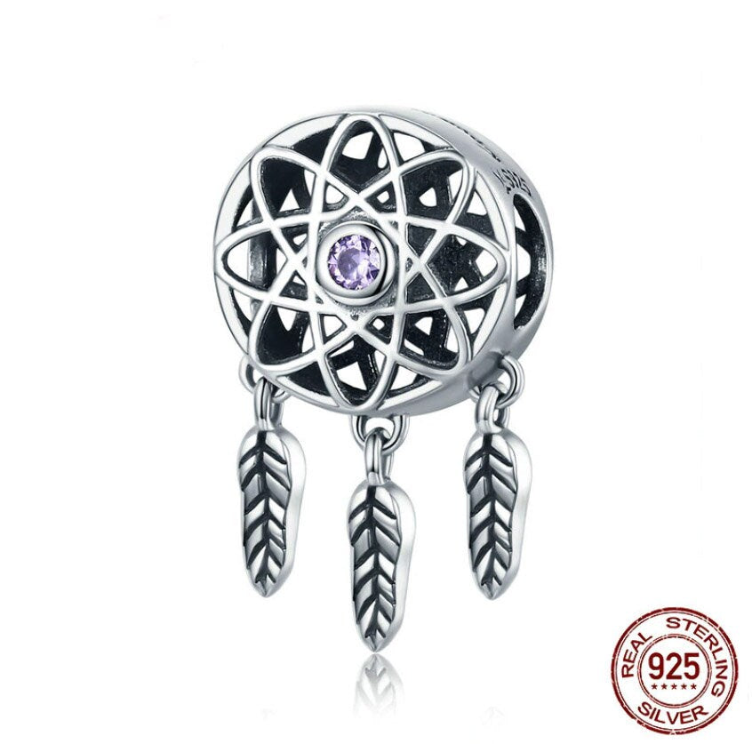 Purple CZ Spiritual Dreamcatcher Charm For Bracelet, S925 Sterling Silver