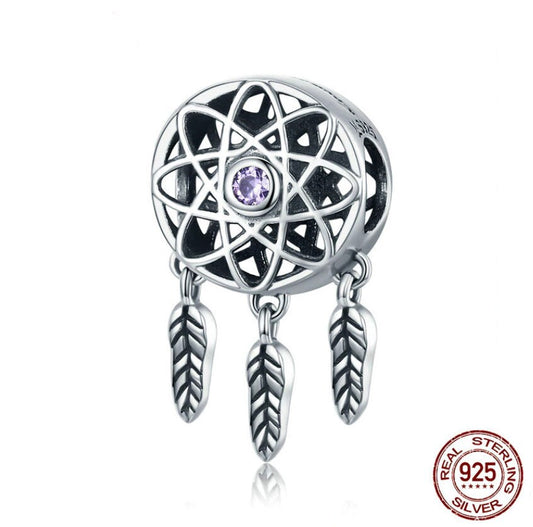 Purple CZ Spiritual Dreamcatcher Charm For Bracelet, S925 Sterling Silver